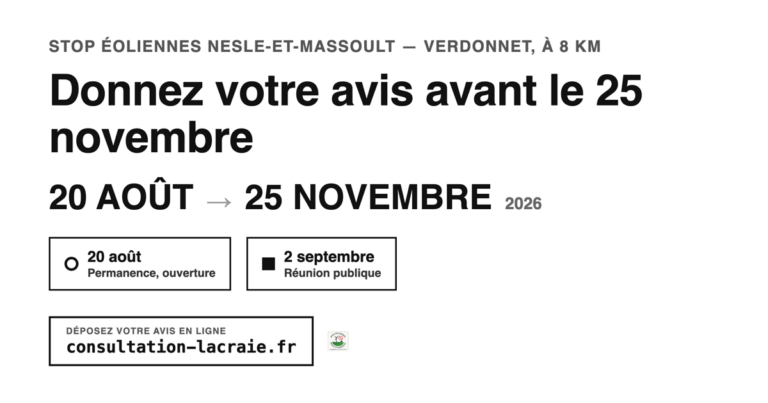 Consultation publique sur le parc éolien de la Craie à Verdonnet (8 km) : donnez votre avis entre le 20 août et le 25 novembre 2026. Deux rendez-vous à retenir — permanence d’ouverture le 20 août, réunion publique le 2 septembre. Avis en ligne sur consultation-lacraie.fr.